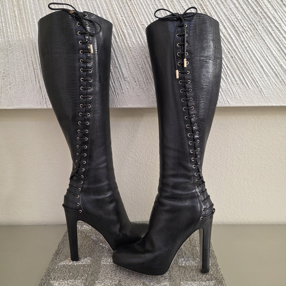 Sergio Rossi Black Leather Knee High Lace Up Stiletto Boots EU38 / US8